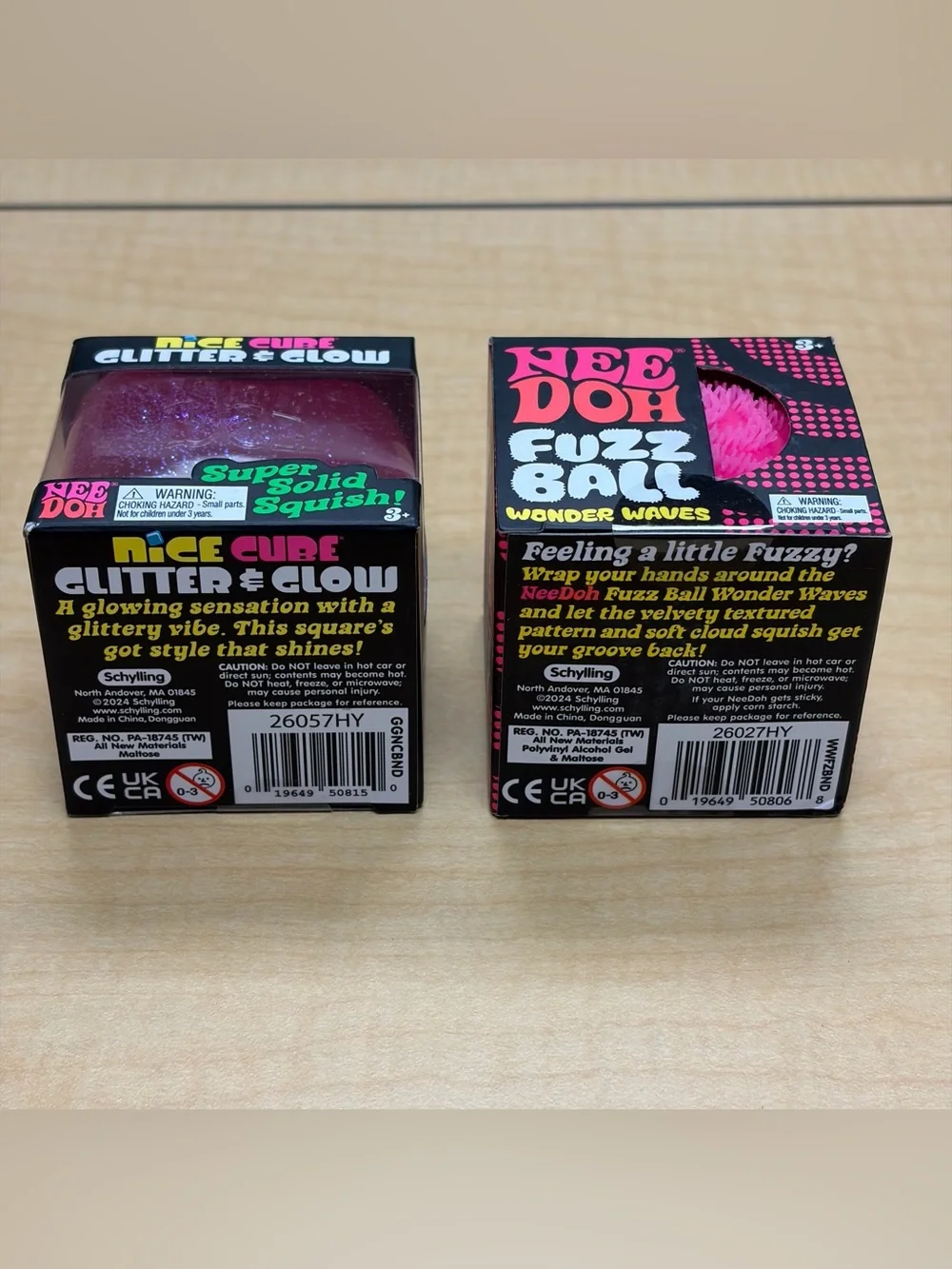 Lot of 2: Pink Needoh Fuzz Ball Wonder Wave/Nice Cube Glitter & Glow Fidget New